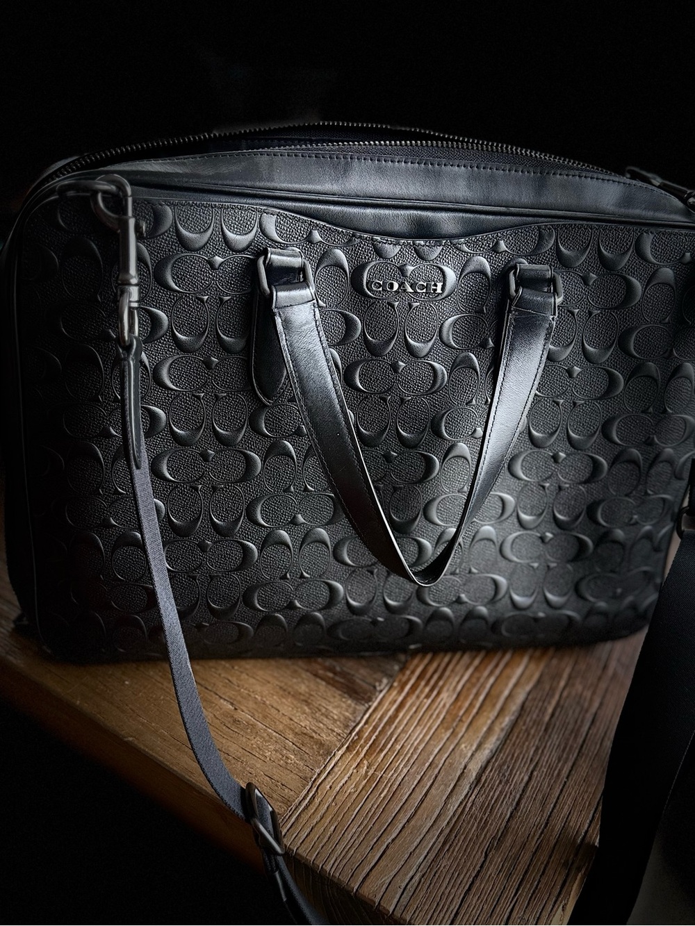 Coach Black Embossed Signature Leather Satchel